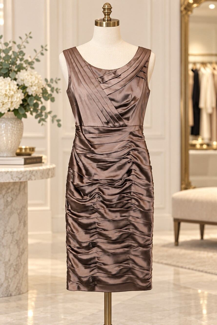 Andrew Marc Sz 12 Ruched Slimming Sleeveless Sheath Taupe Dress